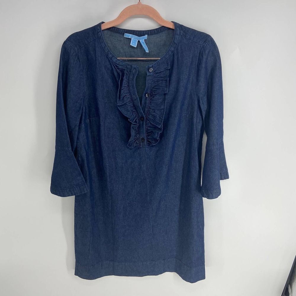 Draper James dark wash bell half sleeve ruffle button mini shift dress women 4